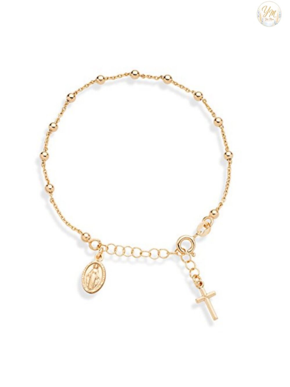 18K Gold Plated Sterling Silver Rosary Bracelet Adjustable Cross Charm